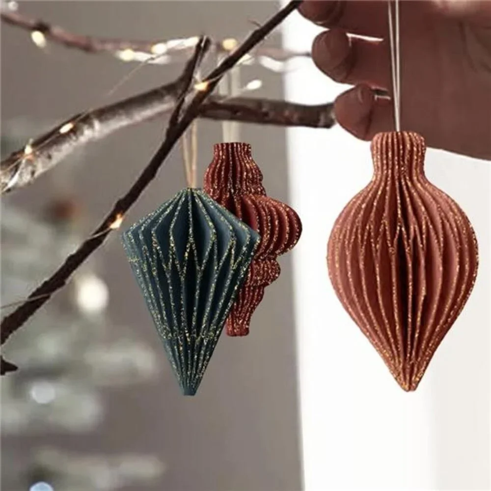 NEW West Elm 6 Piece Boho Glitter Paper Christmas Tree Ornaments Set Decor - 3